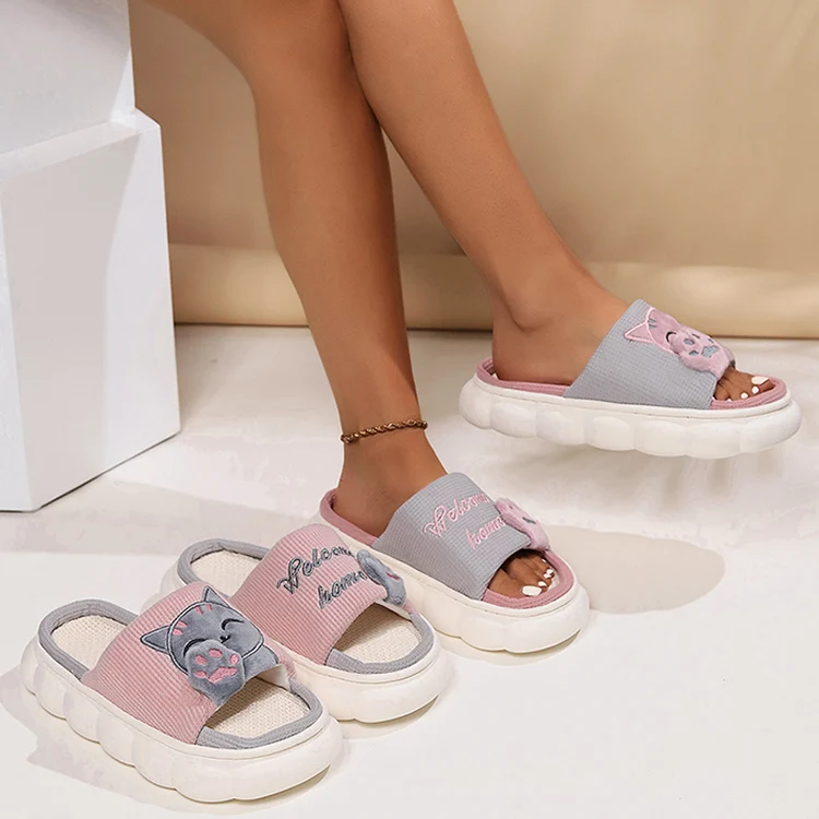Leinen Casual Hausschuhe Frauen Haus Plattform Niedlichen Cartoon Katze Designer Schuhe Mädchen Flache Mode Elegante Schuhe Indoor Große Größe – Detail 14