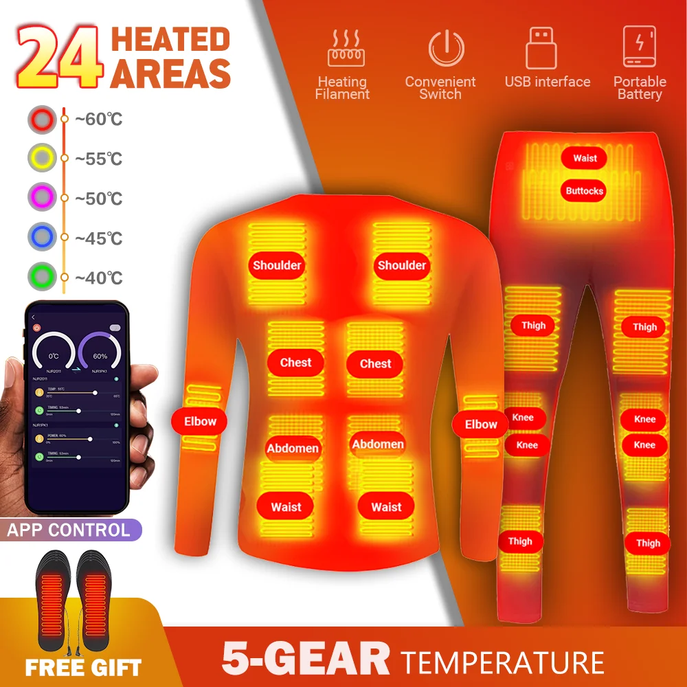 Heated Underwear 24 Areas Hiking Shirts Skiing  Tops Pant Men Women Thermal Underwear USB Heating Jacket Winter Clothing