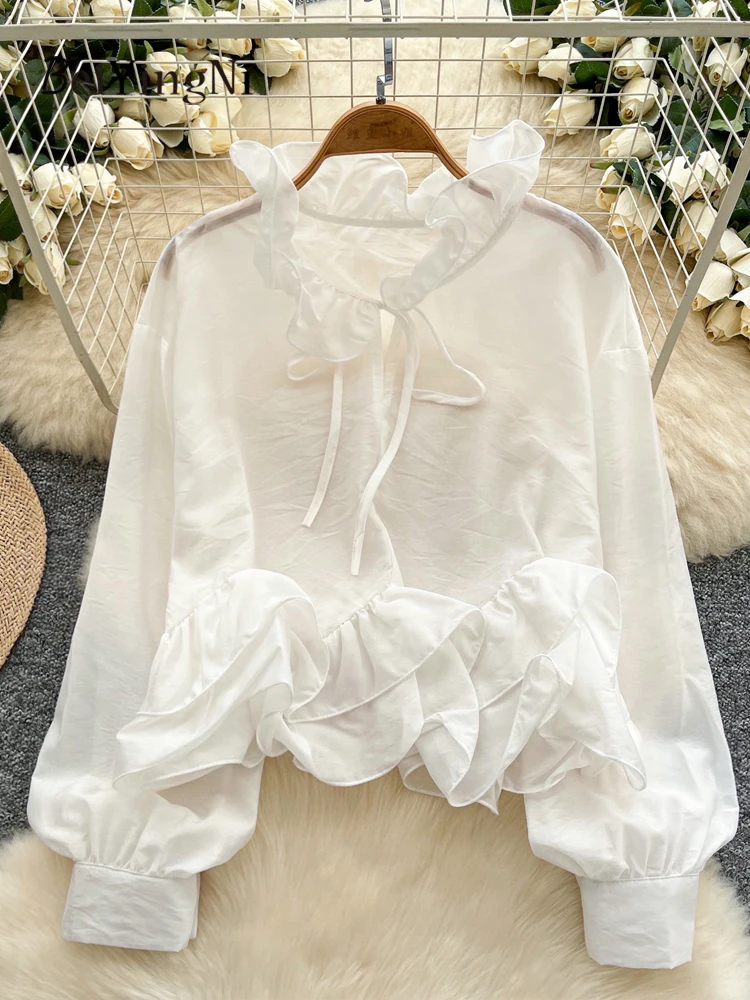 Beiyingni Camicette da donna coreane di moda Chic manica lunga con lacci Top femminile Albero commestibile Fungo Casual Increspature irregolari Blusas