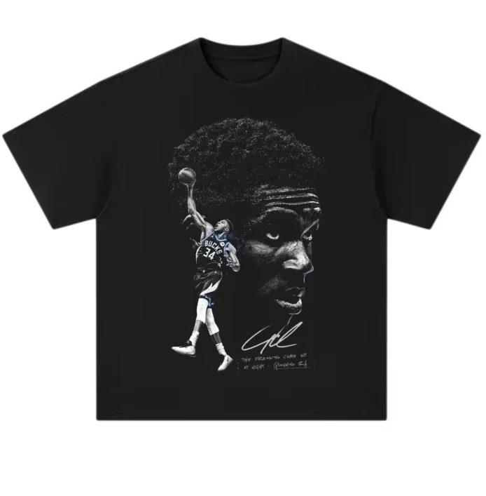 Giannis Antetokounmpo Signature Portrait T‑Shirt,  Basketball Star Graphic Print Short Sleeve Tee, Men Sports Streetwear Tops