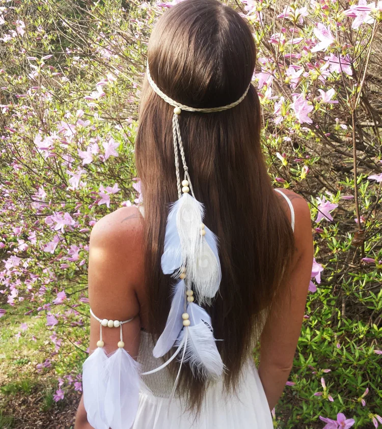 The Indian white Feather Headband Headdress Hair Rope Headwear Tribal Hippie Handmade Hair Accessories for Women