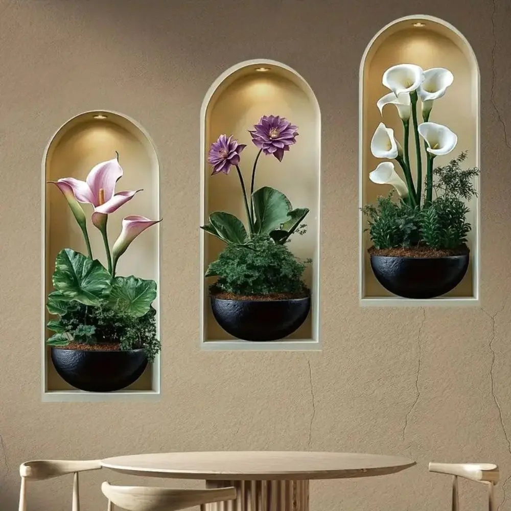 Self Adhesive Plant Wall Stickers Green Plant Pattern Potted Flower Potted Plant Decals Removable Modern Style for 3PCS