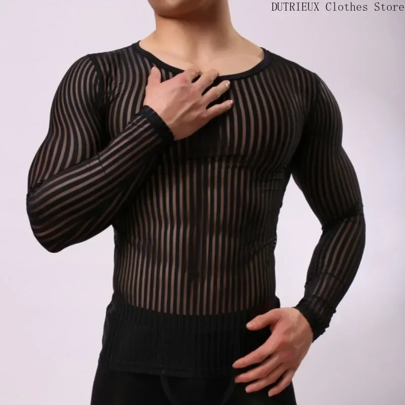 Men's Ice Silk Breathable Training Tight T-shirt Sexy See Through Men's T-shirt Sports Fitness Stretch Leisure Long Sleeve Tee