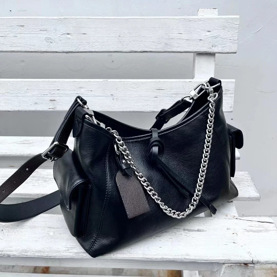 

Genuine Leather Single Shoulder Crossbody Bag Women Fashionable Motorcycle Bag Chain Strip Soft Top Layer Cowhide Casual Bag New