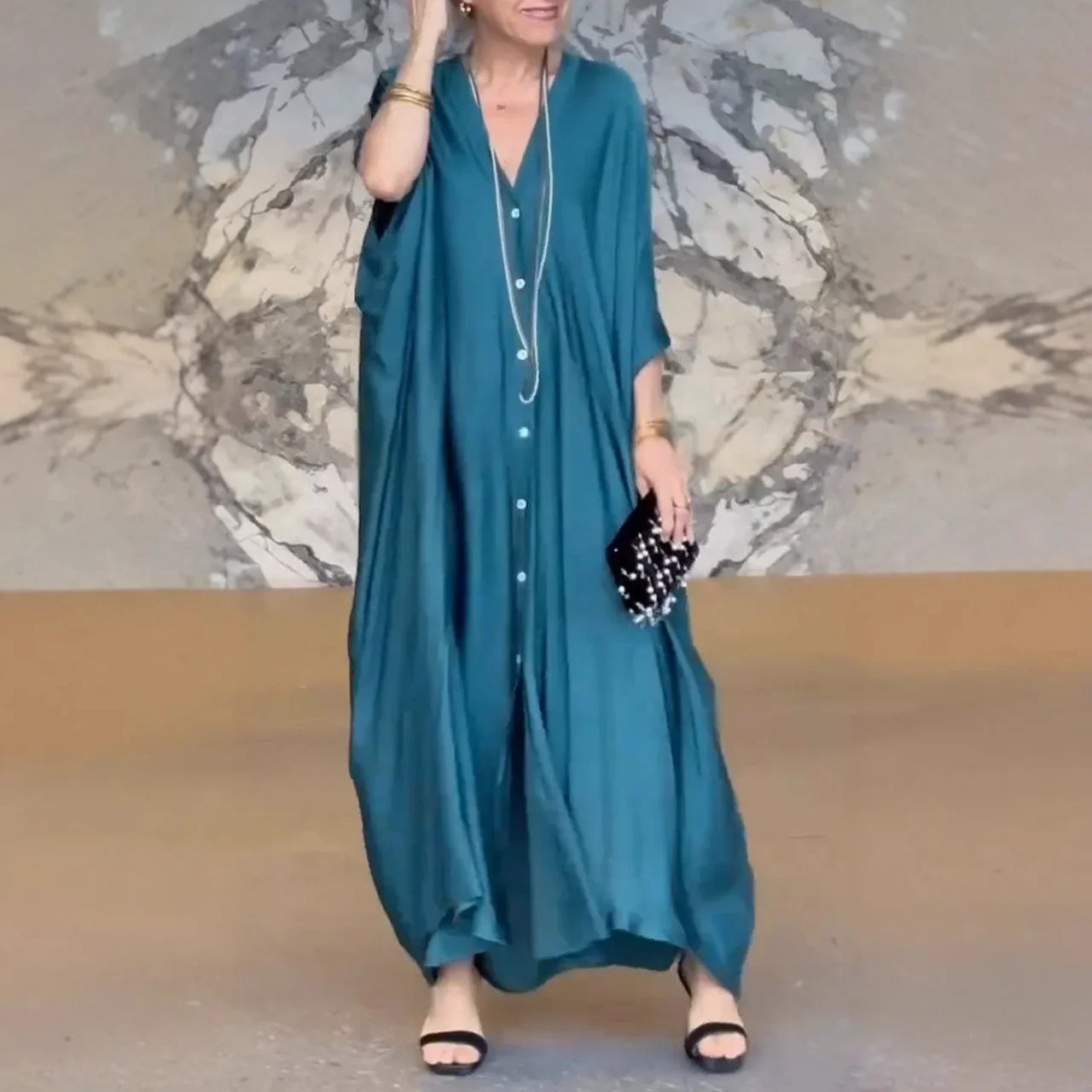 فستان ماكسي كاجوال بصدر واحد للنساء، فساتين نسائية طويلة فضفاضة برقبة على شكل حرف V وأكمام تشبه جناح الخفّاش #1