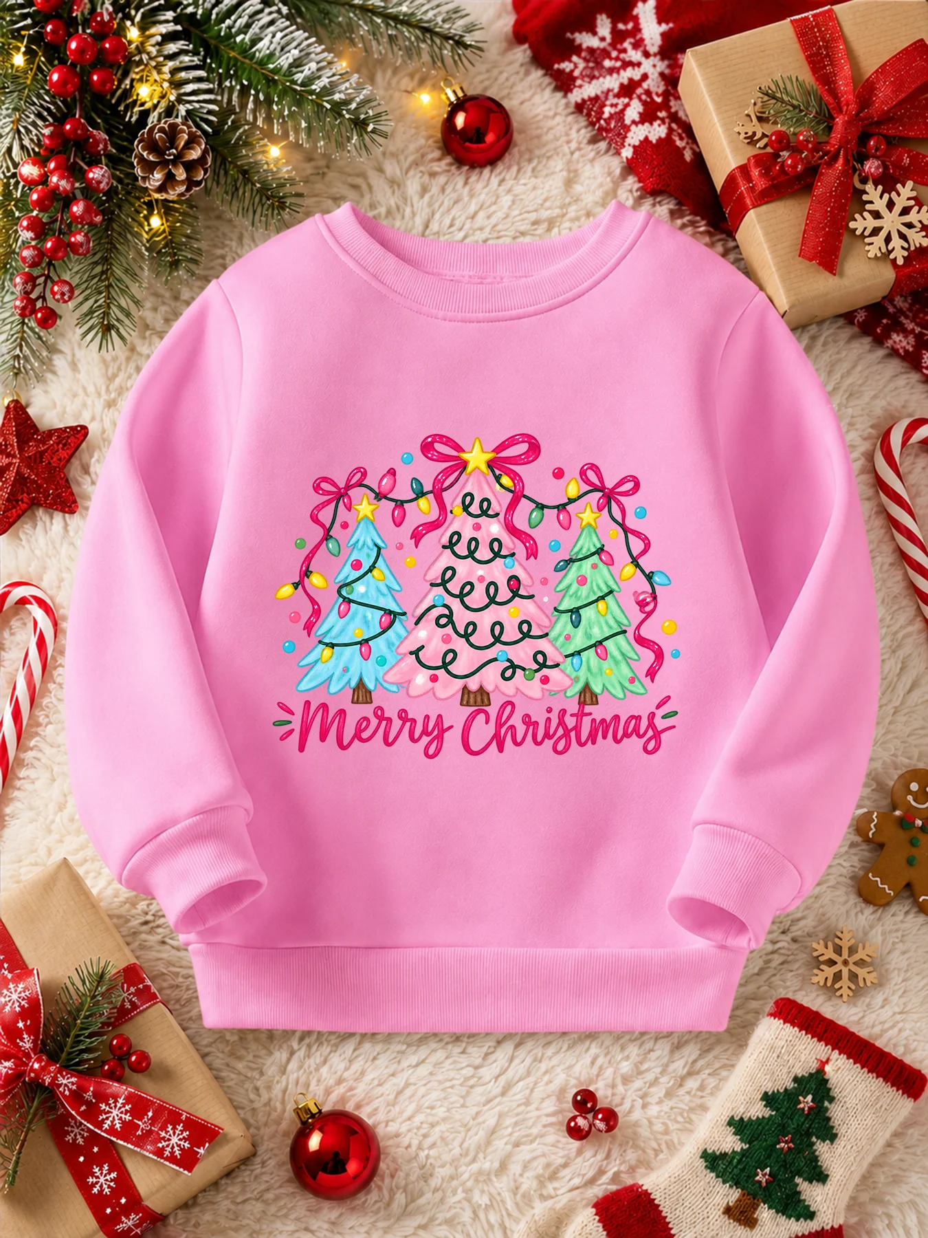 Merry Christmas Cartoon Santa Penguin Girls Sweatshirt, Kids Holiday Pink Pullover Long Sleeve Tops