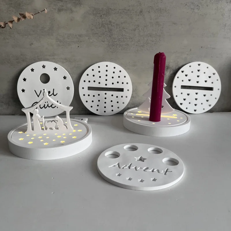 Round Candlestick Silicone Mold DIY Christmas Series Candle Holder Plaster Resin Molds Crafts Decor Star Letter Atmosphere Lamp