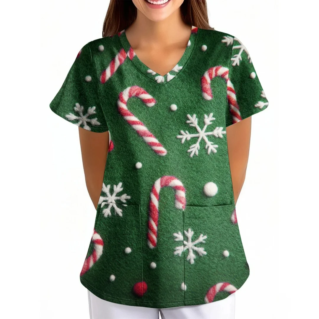 Uniforme hygiénique imprimé bonhomme de neige pour femmes, col en v, manches courtes, poches, matériau Micro élastique, uniformes cliniques, vêtements pour femmes