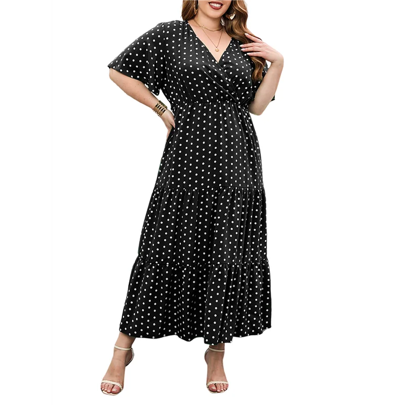 ABP-Damen Casual Plus Size Polka Dots Kleid Sommer Kurzarm V-Ausschnitt Lose abgestufte Maxikleider