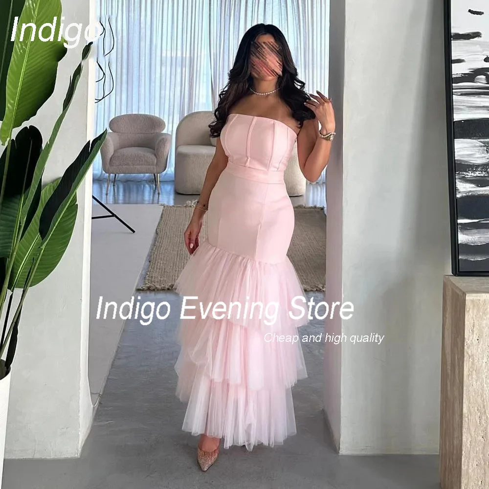 

Indigo Elegant Evening Dress Mermaid Strapless Pleat Open Back Sleeveless Ankle Custom Made Party Prom Gown Formal فساتين السهرة