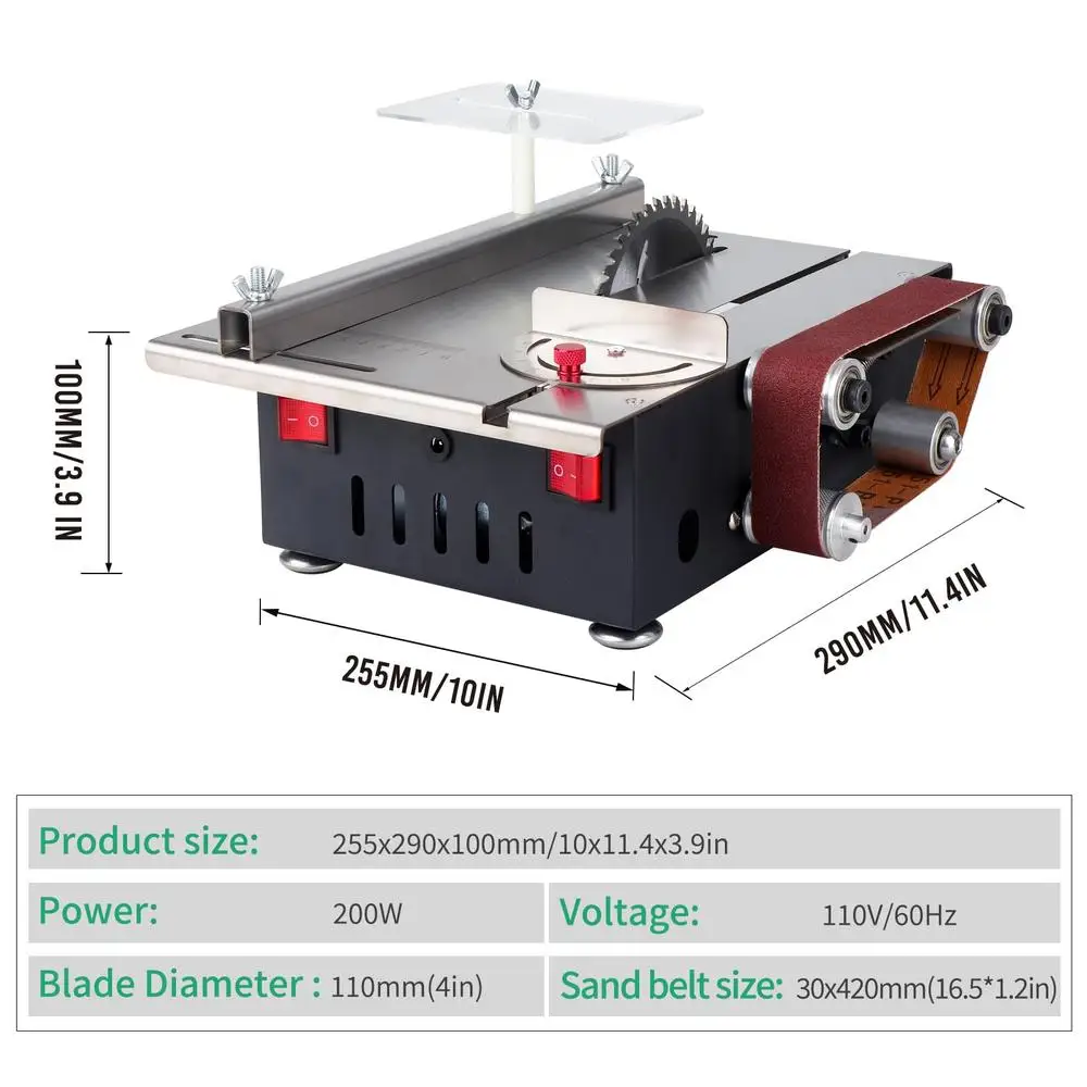 MINI เห็นตารางแบบพกพาไฟฟ้าเครื่องตัดเข็มขัด Sander 300W Multi-Functional เครื่องมือ 4 ใบมีด 10 เข็มขัดขัดที่ถูกต้องตัดไม้