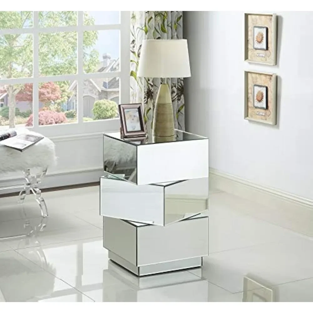 Modern Contemporary Mirrored End Table Featuring a Bold Geometric Design, 21.5