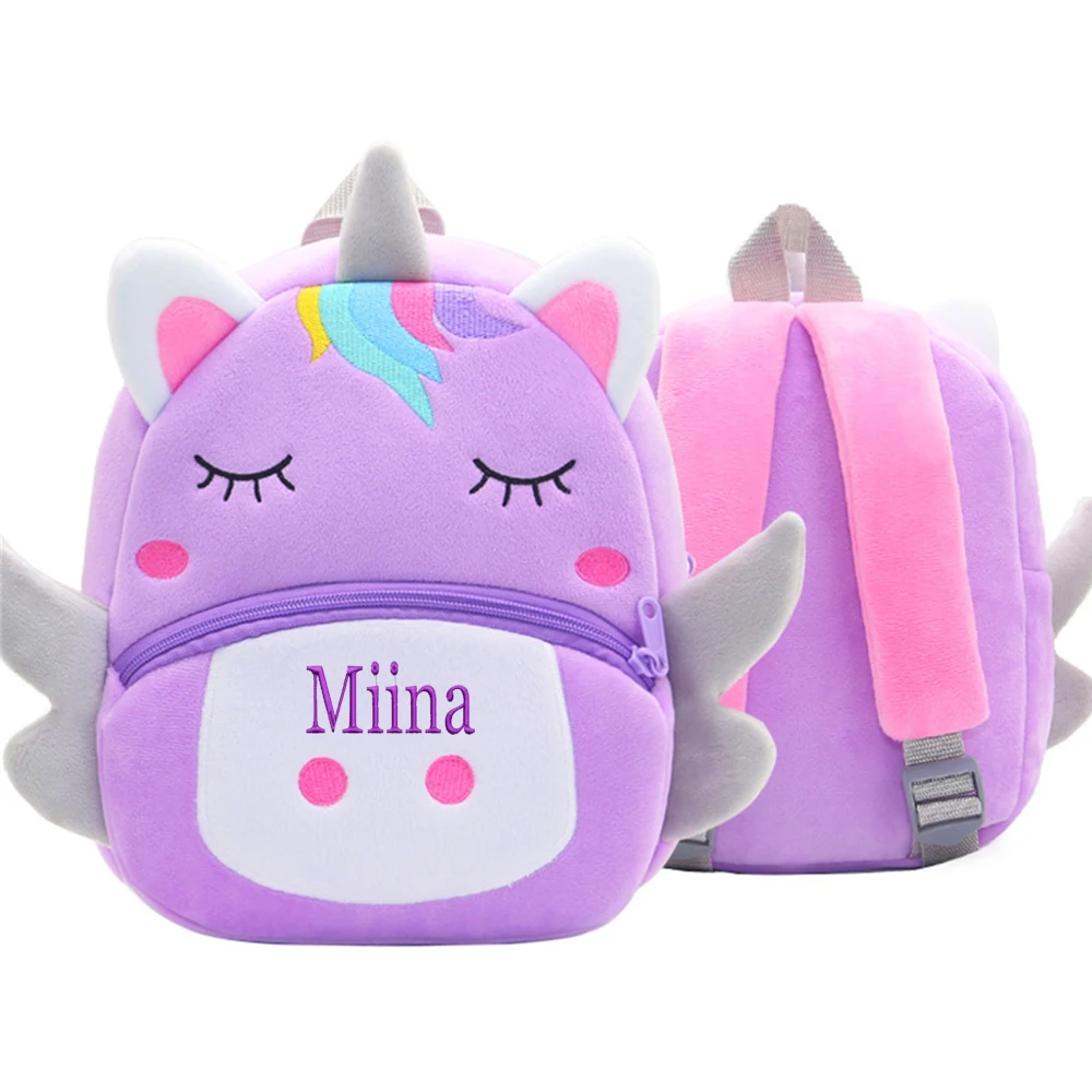 Nome personalizzato sacchetti regalo per la giornata dei bambini scuola materna unicorno viola zaino in peluche carino borse per bambini ricamate