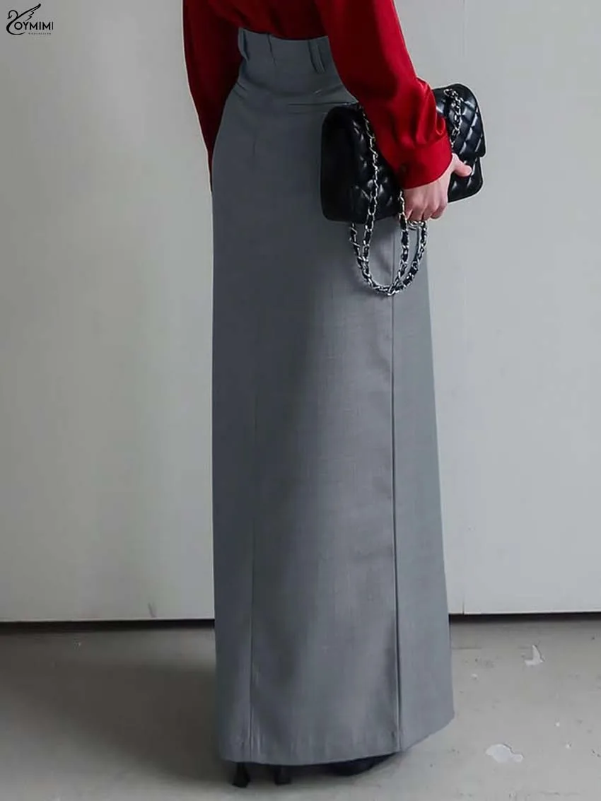 Oymimi Fashion Dark Grey Slim Skirts For Women Elegant High Waisted Zipper Pockets Skirts Autumn New Side Slit Straight Skirt