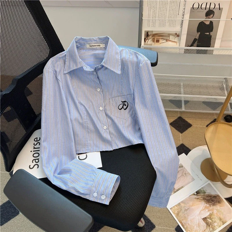 Embroidered Blue Striped Shirt Women Single-Breasted Turn-Down Collar Long Sleeve Sexy Cropped Tops High Street Classic Blouses