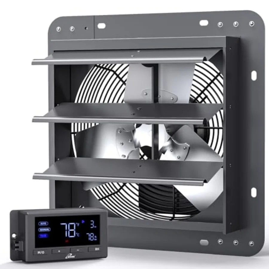 

Wall Mounted Shutter Exhaust Fan for industrial ventilation, aluminum shutter, gray, automatic temperature/humidity control wit