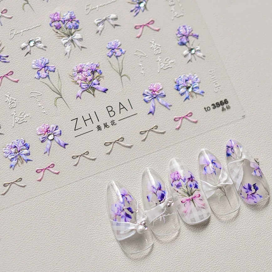 Purple Iris Flower Rhinestone Bowknot Wisteria Chinese Cheongsam Pearl Self Adhesive Nail Art Decoration Sticker Manicure Decals