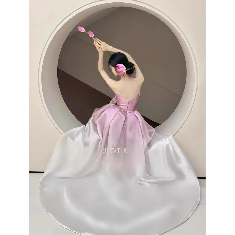 Gaun Pesta Malam Panjang Tanpa Tali Perancis Elegan Gaun Pengantin Mewah Ringan Wanita Gaun Perjamuan Pertunangan Pengantin Stiker 3D