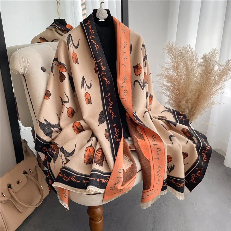 New tulip flower scarf women's imitation cashmere autumn and winter thickened warm dual-purpose