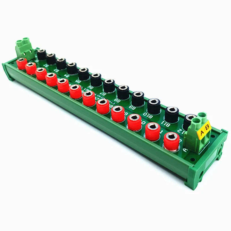 DIN rail installation of 2 x 12 banana socket distribution modules, DC distribution board.