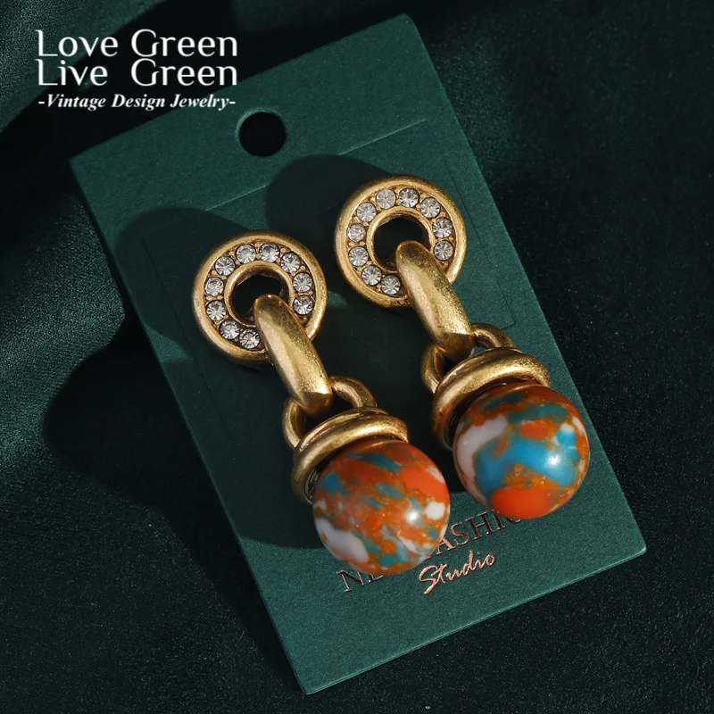 

Vintage Nautical Maps Drop Earrings Korean Style Natural Stone Ball Gold Color Pendant Antique Jewelry Woman Accesories 2025