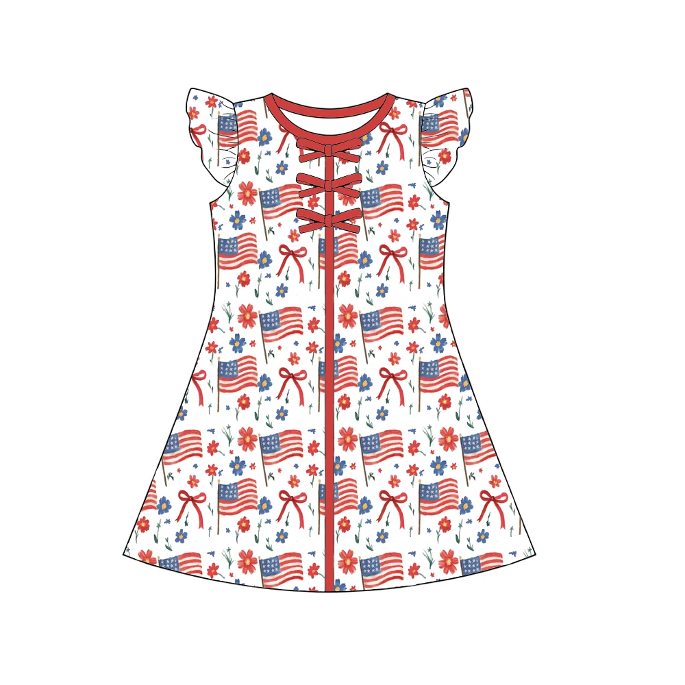 4th of July Independence Day Flag and Flower Print Ruffle Sleeves Front Bow Decoration Boutique Milk Silk Material Dress