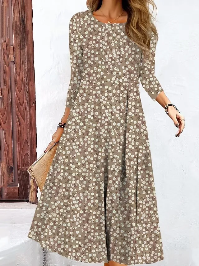 2023 Autumn New Sweet Fresh Print Long Sleeve A-line Skirt Round Neck Mid length Loose Waist Dress