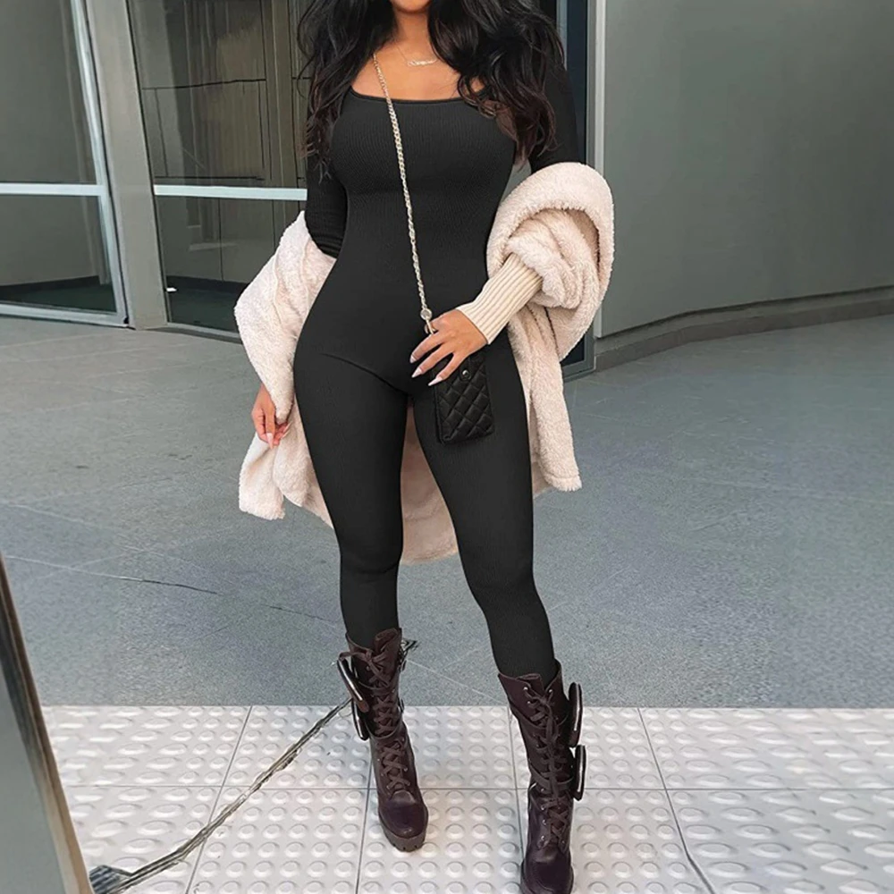 レディース長袖ジャンプスーツ、ラウンドネック、フルレングス、スキニーフィット、スポーティー、無地、トレーニングウェア、秋用