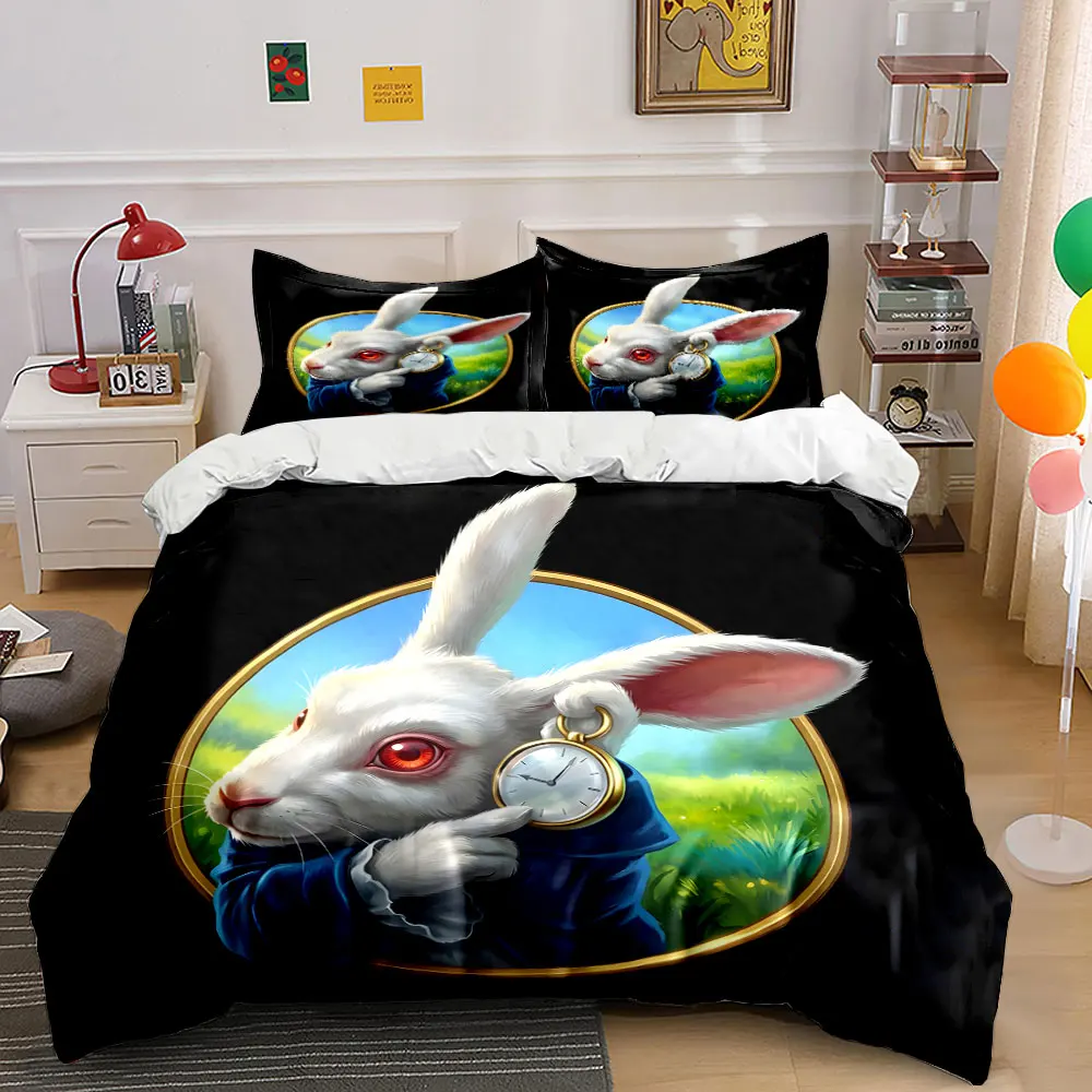 White rabbit holding pocket watch Print Bedding Set 1 Duvet Cover 2 Pillowcases for Adult and Children Luxury Gift Full Size
