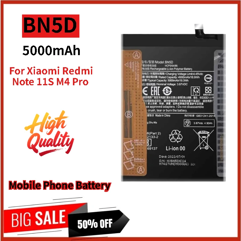 

High Quality BN5D Phone Battery 3.87V 5000mAh For Xiaomi Redmi Note 11S M4 Pro Brand New Replacement Battery