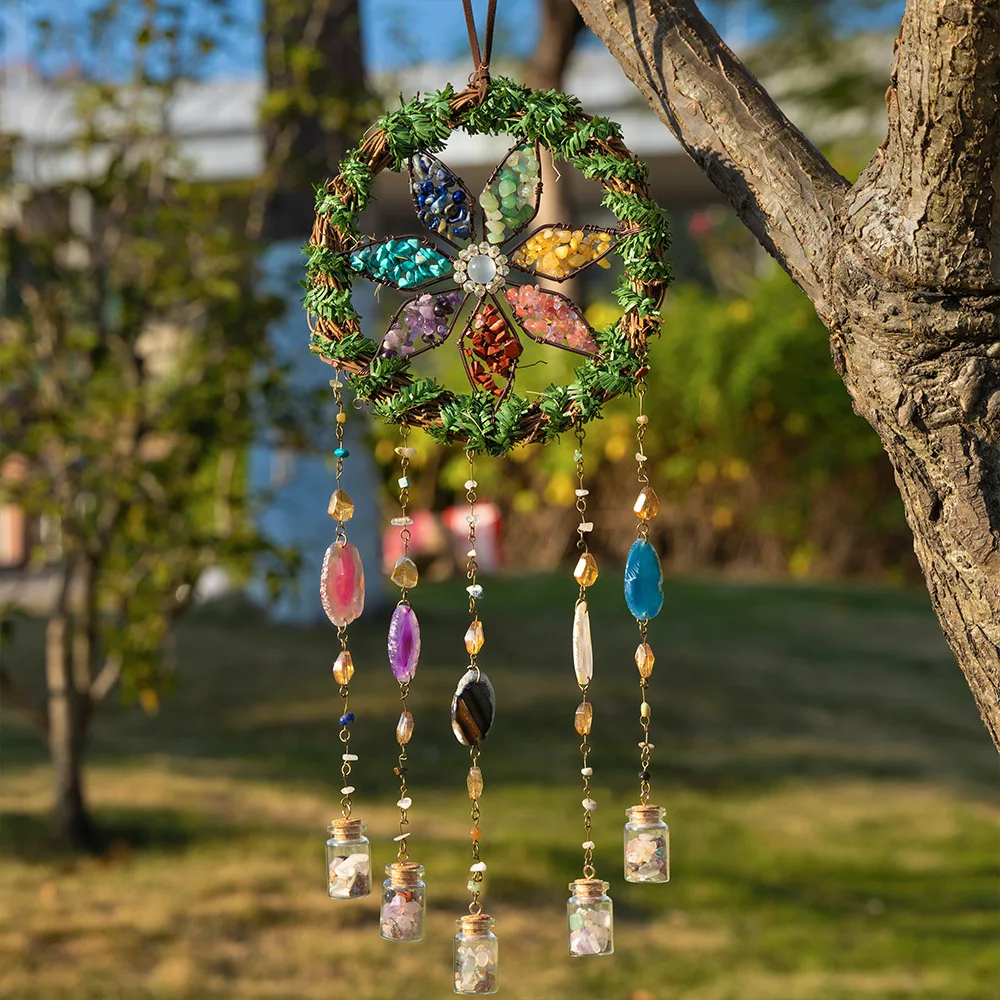 7 Chakras Gemstone Agate Crystal Dream Catcher Natural Agate Bedroom Wall Hanging Crystal Dream Catcher Home Craft Decorations