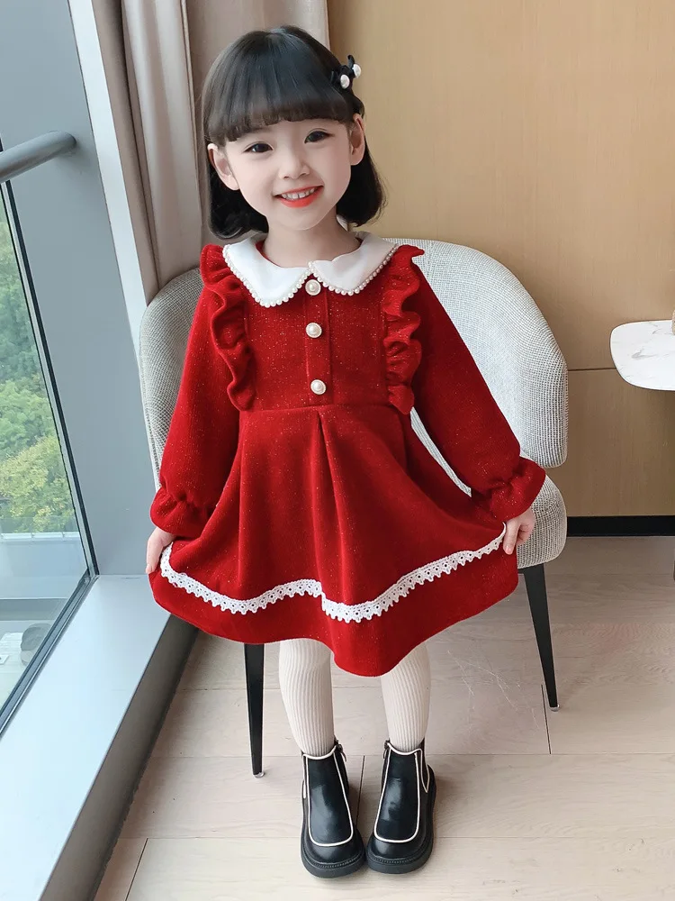 Sweet Girls Velvet Princess Dress Autumn Winter Long Sleeved Ruffle A-Line Dress Girls Christmas Party Dress