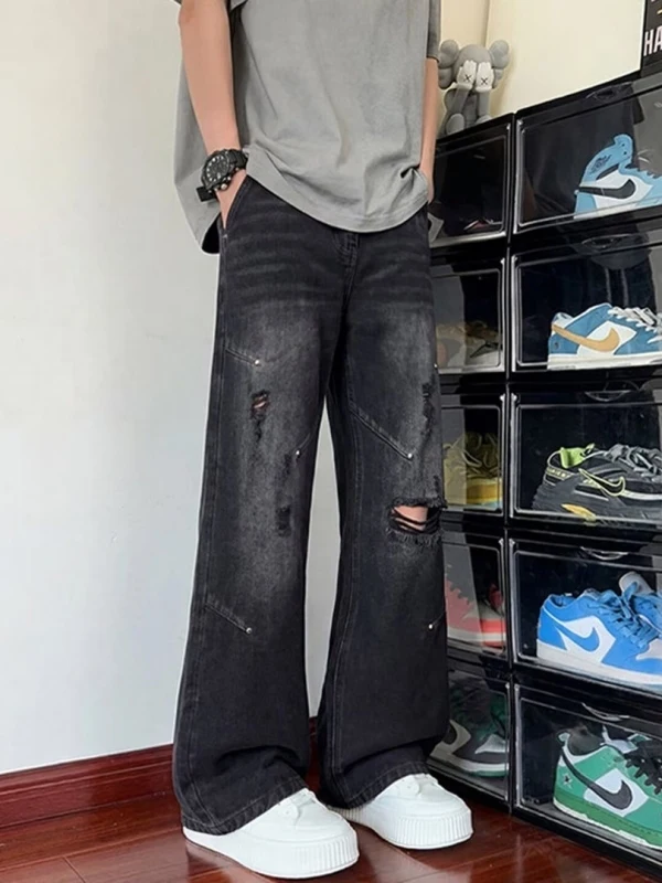 Calças Jeans de Perna Larga Estilo Hong Kong para Homens e Mulheres, Novas Calças Soltas e Elegantes com Strass, Versáteis e ...