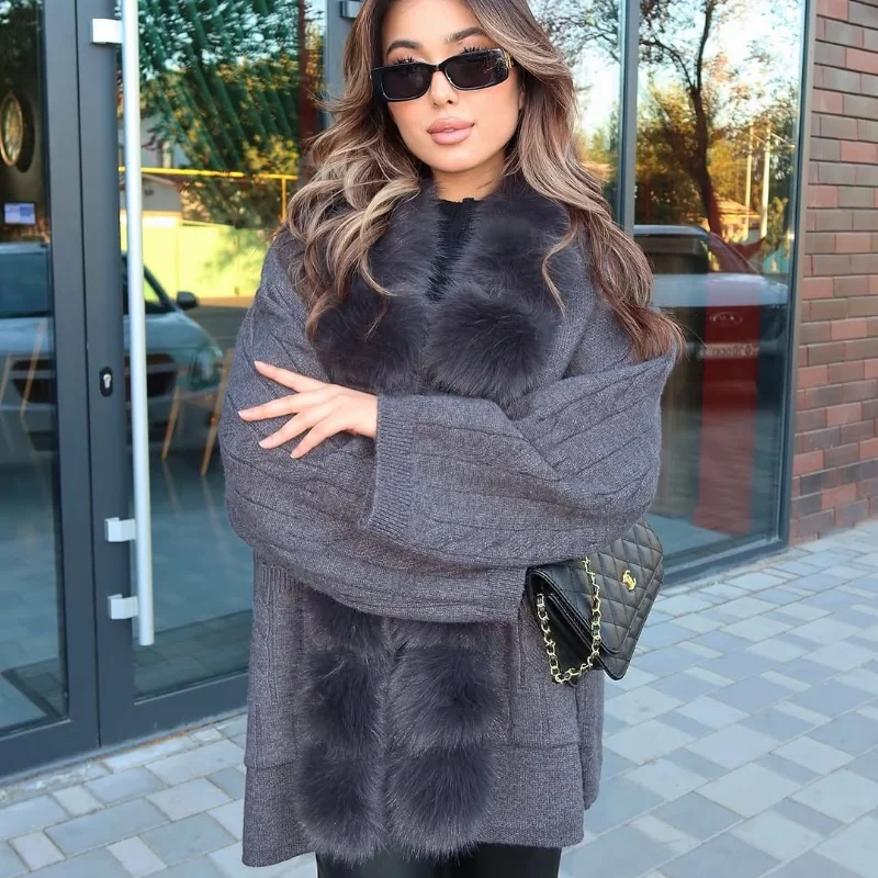 Cable Knit Cardigan with Faux Fur Collar — product details 6