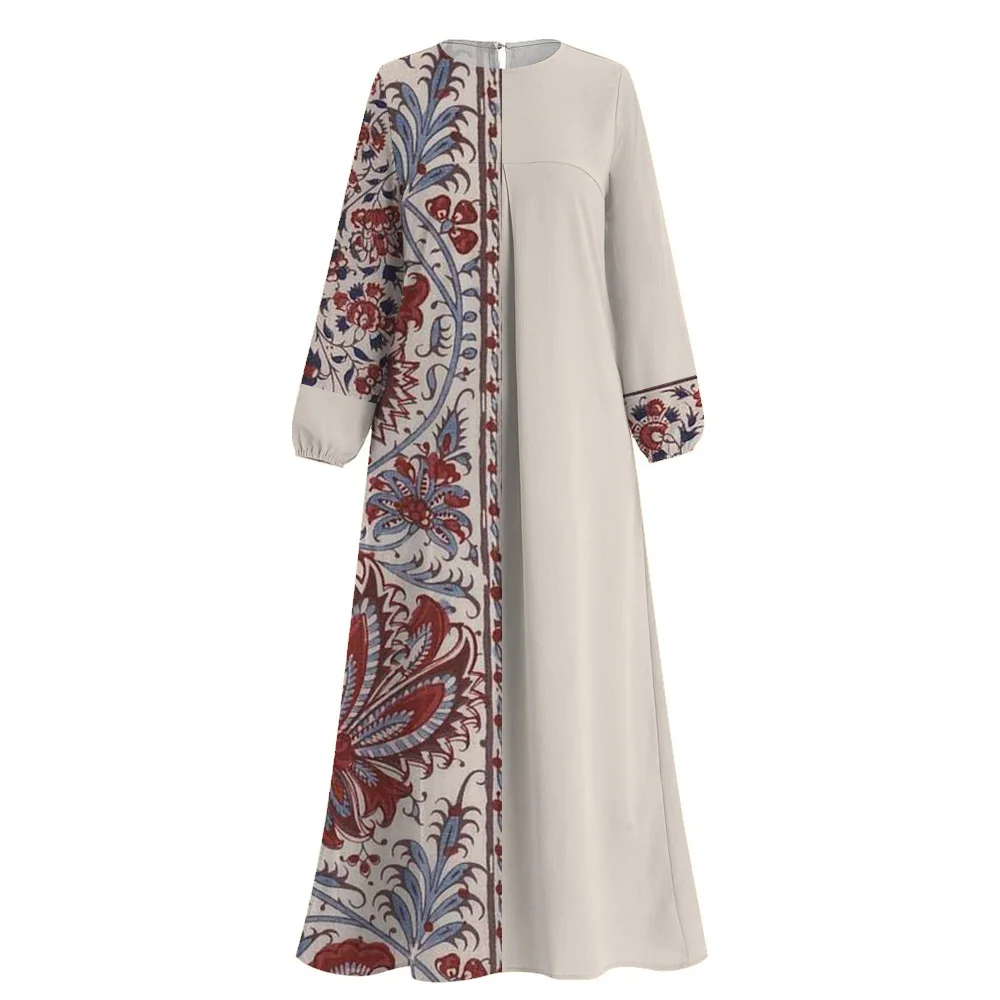 Muslim Clothing Femme Islam Abaya Dubai Turkey Cashew Flower Spliced Print O-Neck Long Sleeve Kaftan Casual Abaya Muslim Dress