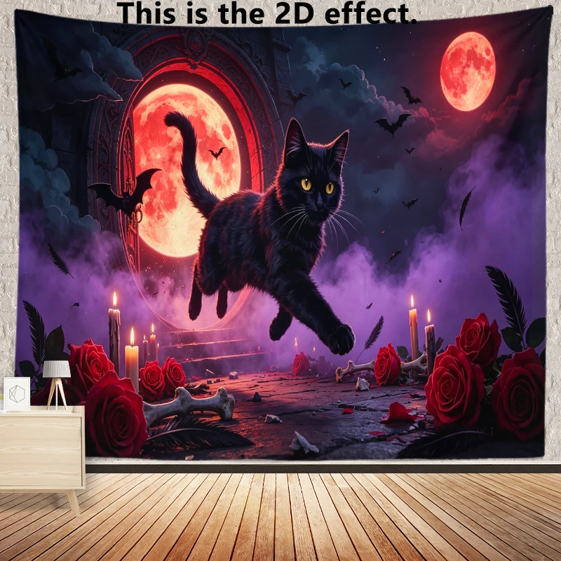 Gothic Black Cat Blood Moon Background Cloth Hanging Cloth Bedroom Bedside Decorative Wall Cloth Dormitory Tapestry