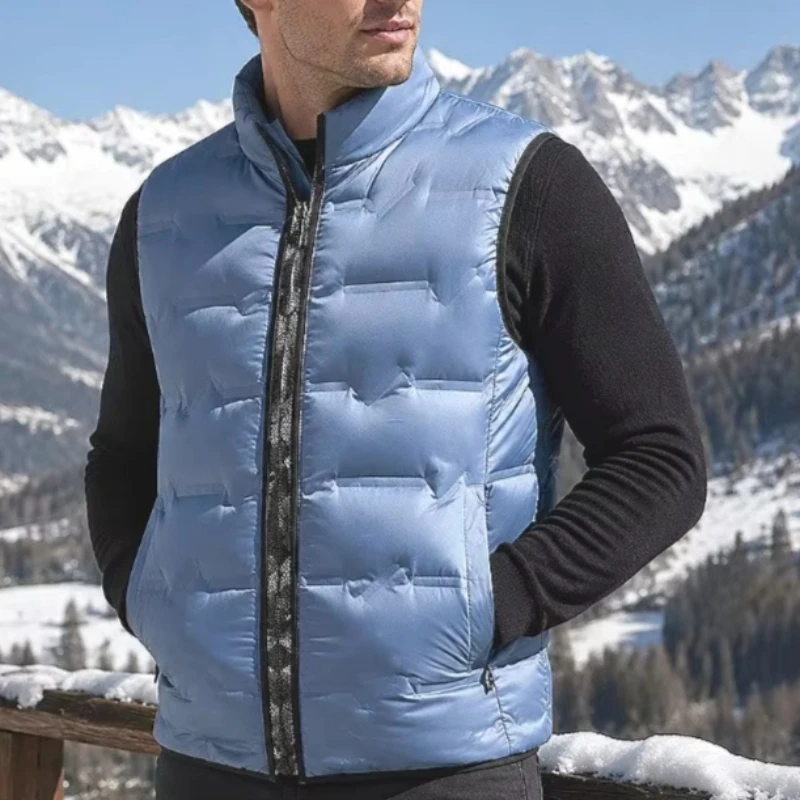 Men's White Duck Down Vests Autumn Winter Stand Collar Lightweight Graphene Self-Heating 80% Down Filled Quilted Puffer Vest Men