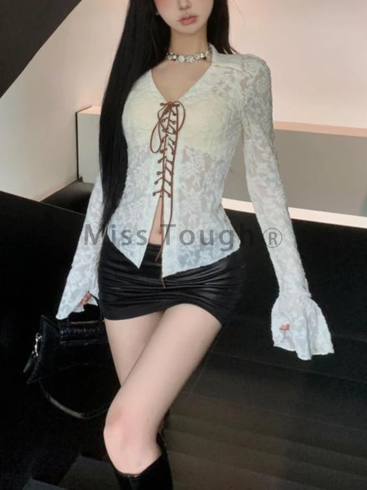 France Elegant Lace Flare Sleeve Tops Women Fashion Y2k V Neck Solid Base Shirt Female Design Sexy Lace Up Single Piece Top New