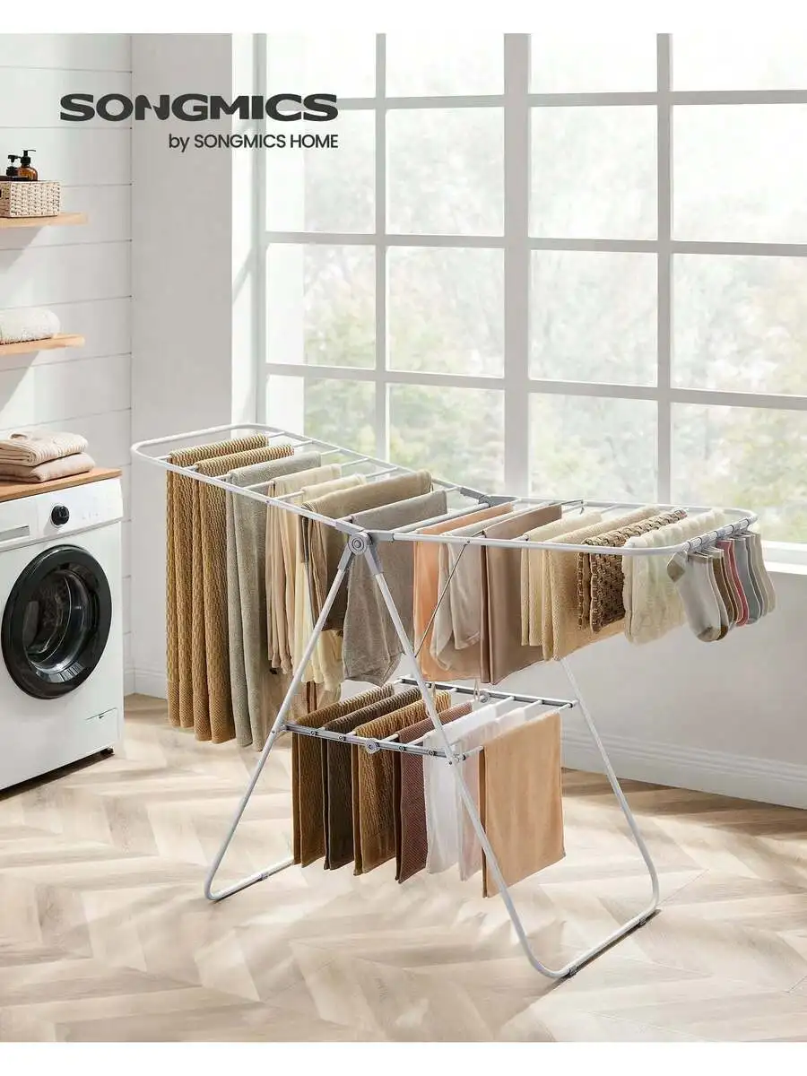 Clothes Drying Rack, With Sock Clips, Metal Laundry Rack, Foldable, Space-Saving, Free-Standing Airer, With Height-Adjustable Gu