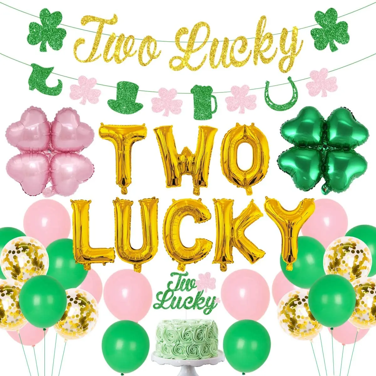 

Cheereveal Two Lucky Shamrock Themed 2nd Birthday Party Decorations for Girl with Two Lucky Balloon Banner Clover Foil Balloons