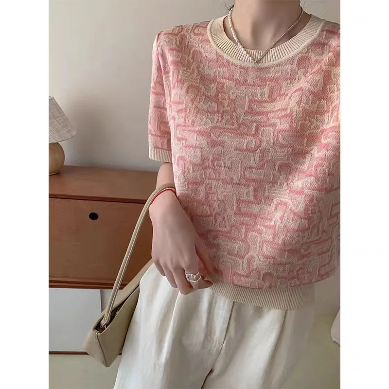 تي شيرت نسائي حرير جليدي غير رسمي ، ملابس تريك برقبة مستديرة ، أكمام قصيرة ، موضة صيفية ، جديدة