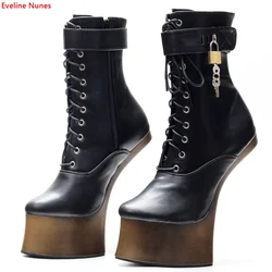 Lace-Up Lock Pony Boots Women's Patent Leather Platform 18CM Donkey Hoof High Heels Round Toe Fancy Dress Fashion Elegant Shoes