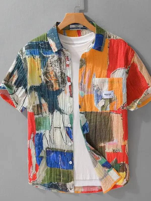 Loose Breathable Men's Short Sleeve Shirt Casual Style Graffiti Print Open Cardigan Fashionable Summer New Arrival