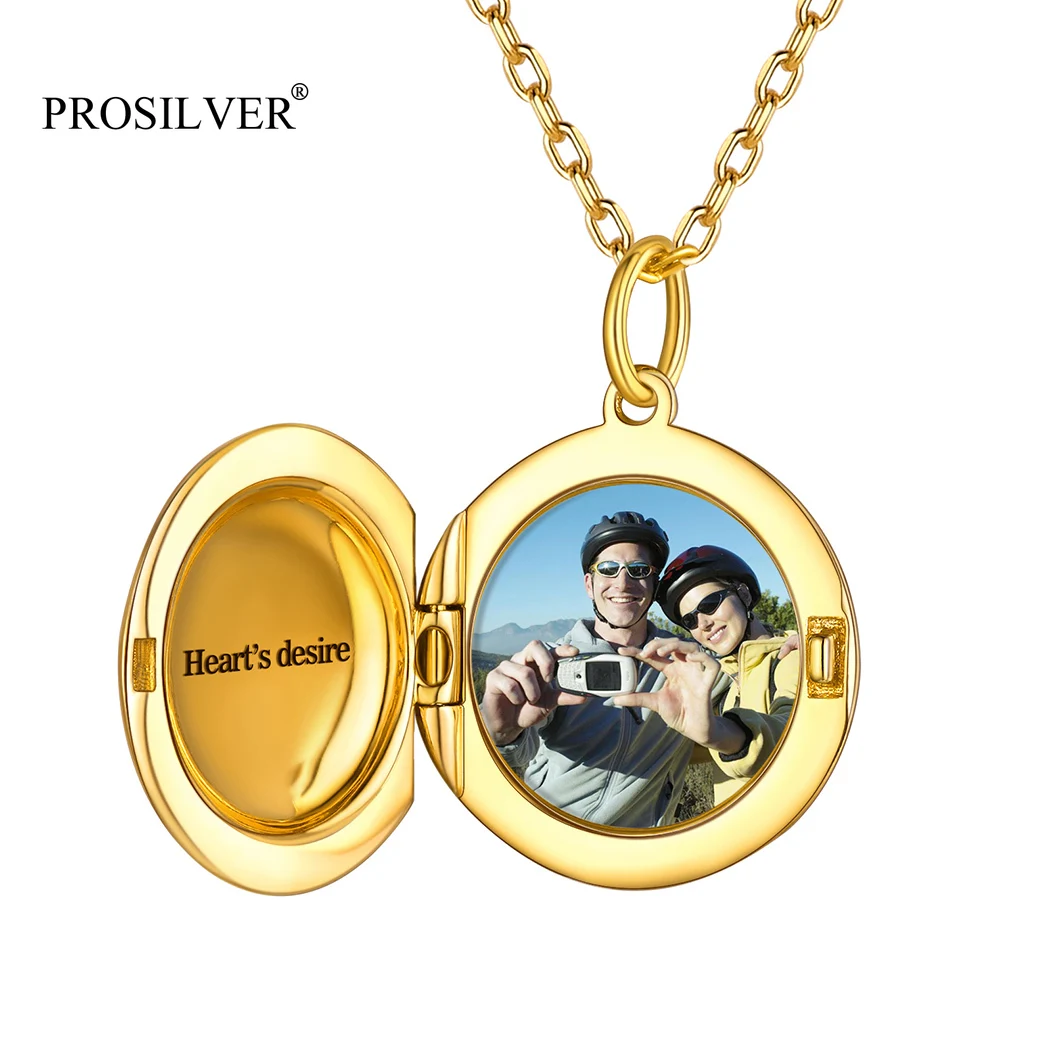 PROSILVER 925 Sterling Silver Customized Photo/Text Necklaces Women Teens Girl Cute Round Gold Locket Pendant That Hold Picture