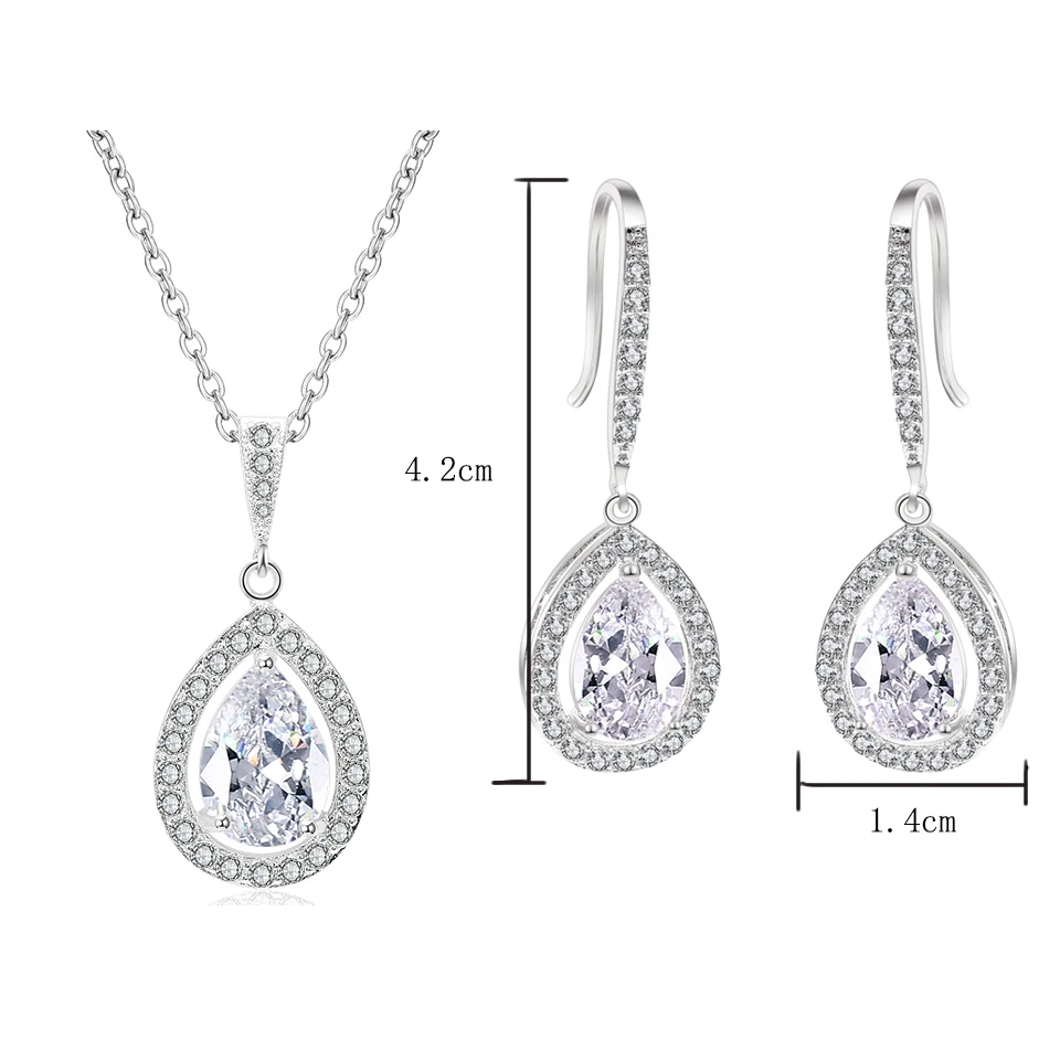 ZAKOL Brand AAA Cubic Zirconia Water Drop Dangle Earrings Fashion Bridal Wedding Party Jewelry Set Gift