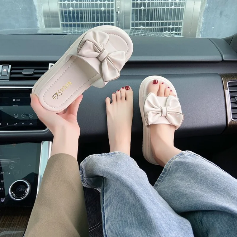 2023 Summer and Spring New Soft Sole Feet Treading Feel Home Leisure Slippers Bow Tie Slippers for Female Outwear Fairy Style