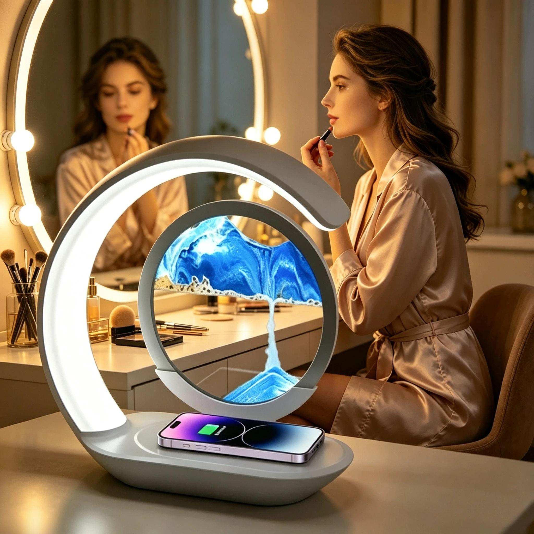 Quicksand Table Lamp Wireless Charging Desk Lamp 3D Hourglass Ornaments Sand Painting Night Light for Office Room Decoration