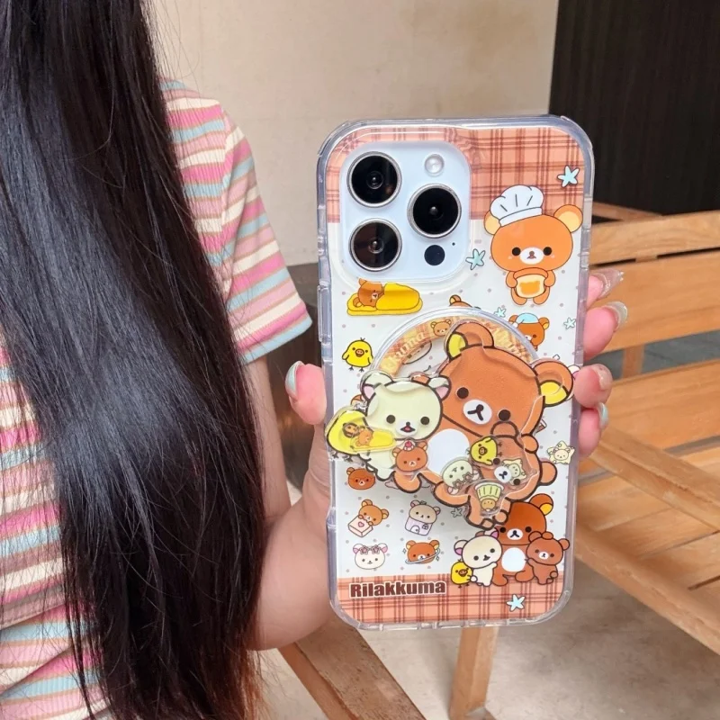 

Korea Cute daily life Couple cartoon Bear lattice Magsafe Wireless Charge Phone Case For iPhone 14 15 16 Pro Max Magnetic Holder
