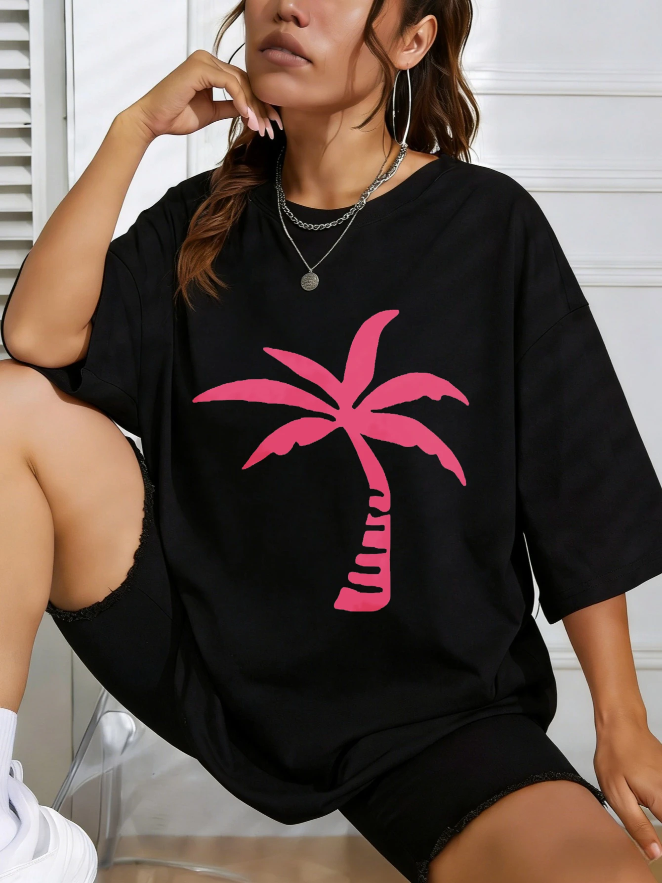 

Womens Cotton Oversized Cute Tshirt with Pink Palm Tree Graphic Print, Summer Beach Casual Daily Wear Tshirt for Women