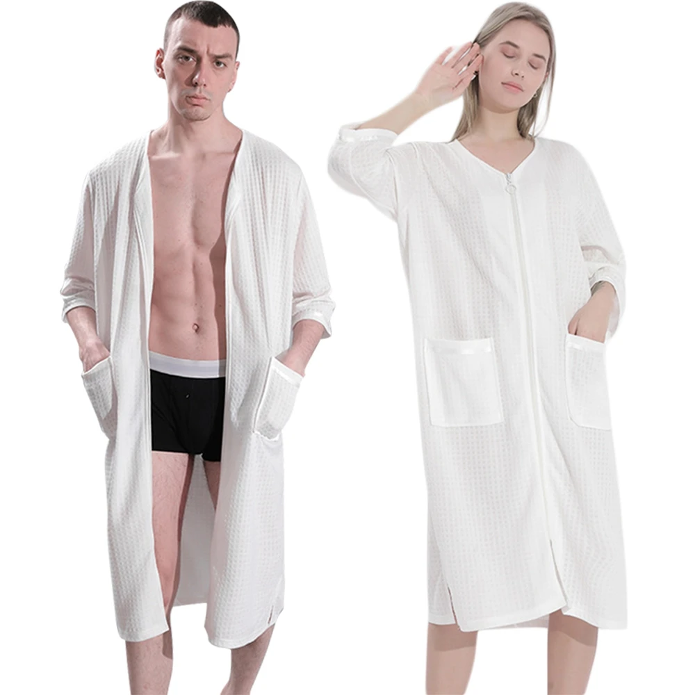 Men Women  Summer Loose Nightgowns Spa Bathrobe V-neck Soft Sleepshirt Robe Zip up RobeLoungewear Robes Sleepwear Large Size